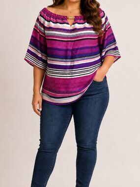 Thalia Sodi- XL/XG Pink Purple Striped Short Sleeve Blouse Top